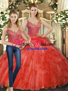 Floor Length Red Ball Gown Prom Dress Organza Sleeveless Beading and Ruffles