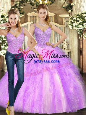 Sleeveless Organza Floor Length Lace Up Sweet 16 Dress in Lilac with Beading and Ruffles