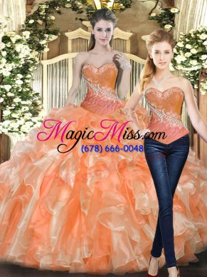 Orange Red Sweetheart Lace Up Beading and Ruffles Quince Ball Gowns Sleeveless