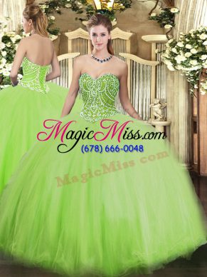 Top Selling Sleeveless Floor Length Beading Lace Up Quince Ball Gowns with Yellow Green