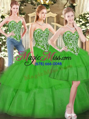 Trendy Green Vestidos de Quinceanera Military Ball and Sweet 16 and Quinceanera with Beading and Ruffled Layers Sweetheart Sleeveless Lace Up