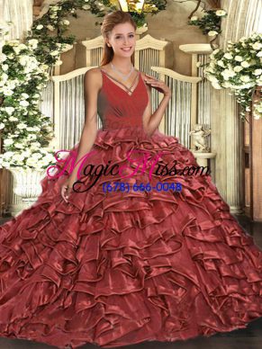 Most Popular Sleeveless Floor Length Beading and Ruffles Backless Quinceanera Dresses with Red