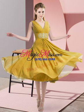 Beauteous Gold Empire Chiffon V-neck Sleeveless Beading Knee Length Side Zipper Bridesmaids Dress