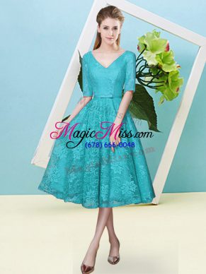 Lace Half Sleeves Tea Length Bridesmaid Dress and Bowknot