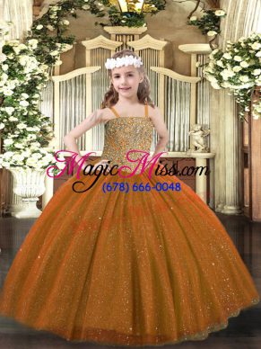 Sweet Brown Tulle Lace Up Straps Sleeveless Floor Length Little Girl Pageant Gowns Beading