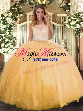 Gold Quince Ball Gowns Military Ball and Sweet 16 and Quinceanera with Lace Scoop Sleeveless Clasp Handle
