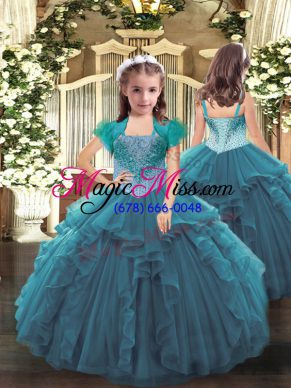 High Quality Floor Length Teal Pageant Dress for Womens Straps Sleeveless Lace Up