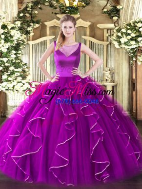 Fitting Fuchsia Scoop Neckline Beading and Ruffles Quinceanera Gowns Sleeveless Side Zipper