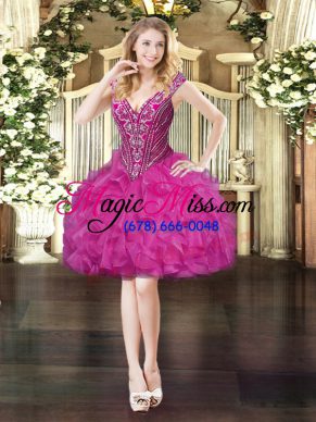 New Arrival Fuchsia Ball Gowns V-neck Sleeveless Organza Mini Length Lace Up Beading and Ruffles Prom Dresses