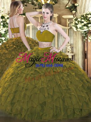 Tulle High-neck Sleeveless Backless Beading and Ruffles Quinceanera Dresses in Olive Green