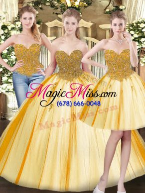 Cheap Gold Ball Gowns Sweetheart Sleeveless Tulle Floor Length Lace Up Beading and Appliques Sweet 16 Dresses