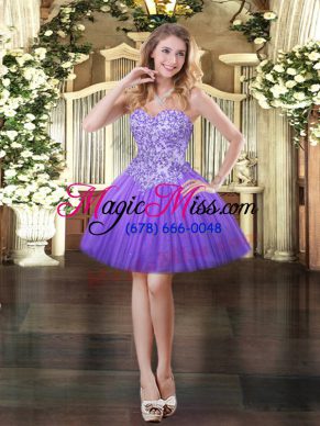 Charming Lavender Ball Gowns Appliques Evening Dress Lace Up Tulle Sleeveless Mini Length