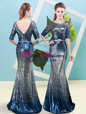 Multi-color Scoop Neckline Sequins and Belt Dress for Prom Half Sleeves Zipper