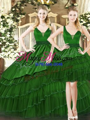 Dazzling Dark Green Ball Gowns Tulle Straps Sleeveless Beading and Ruffled Layers Floor Length Lace Up Ball Gown Prom Dress