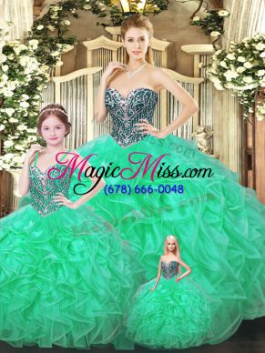 Hot Selling Floor Length Lace Up Vestidos de Quinceanera Green for Military Ball and Sweet 16 and Quinceanera with Ruffles