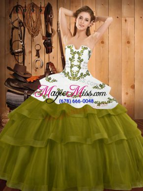 Embroidery and Ruffled Layers 15th Birthday Dress Olive Green Lace Up Sleeveless Sweep Train