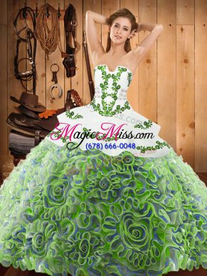Enchanting Multi-color Sleeveless Satin and Fabric With Rolling Flowers Sweep Train Lace Up Sweet 16 Dresses for Military Ball and Sweet 16 and Quinceanera