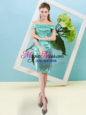 Customized Column/Sheath Homecoming Dress Turquoise Off The Shoulder Sequined Short Sleeves Mini Length Zipper