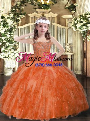 Stunning Sleeveless Organza Floor Length Lace Up Glitz Pageant Dress in Orange Red with Beading and Ruffles