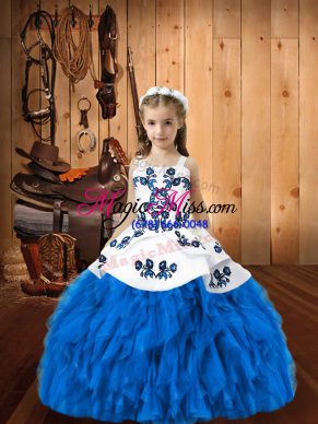 Admirable Blue Organza Lace Up Little Girls Pageant Gowns Sleeveless Floor Length Embroidery and Ruffles
