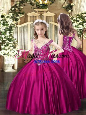 V-neck Sleeveless Satin Little Girls Pageant Gowns Beading Lace Up