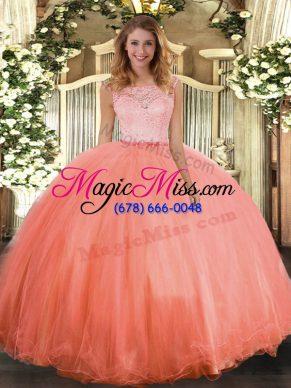 Sleeveless Floor Length Lace Clasp Handle Sweet 16 Quinceanera Dress with Orange Red