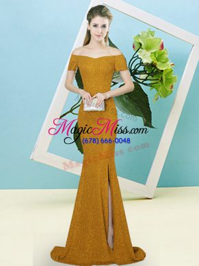 Brown Short Sleeves Sweep Train Sequins Prom Evening Gown