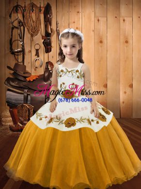 Excellent Floor Length Ball Gowns Sleeveless Gold Pageant Dress Lace Up
