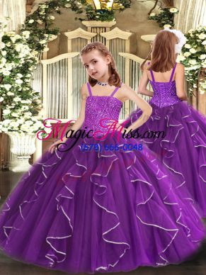 Purple Sleeveless Beading and Ruffles Floor Length Pageant Gowns For Girls