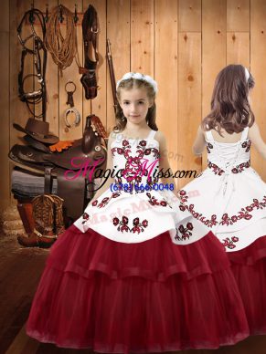 Lovely Burgundy Lace Up Straps Embroidery Kids Formal Wear Tulle Sleeveless