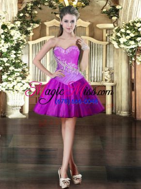 Purple Ball Gowns Tulle Sweetheart Sleeveless Beading Mini Length Lace Up Dress for Prom