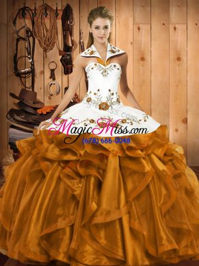 Brown Sleeveless Embroidery and Ruffles Floor Length Quinceanera Gowns