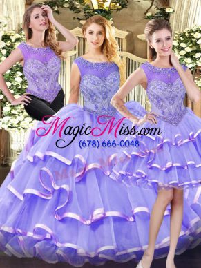 Organza Scoop Sleeveless Zipper Beading and Ruffled Layers Ball Gown Prom Dress in Lavender