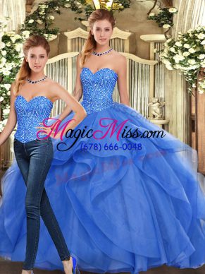 Sexy Floor Length Lace Up Quinceanera Dress Blue for Military Ball and Sweet 16 and Quinceanera with Beading and Ruffles