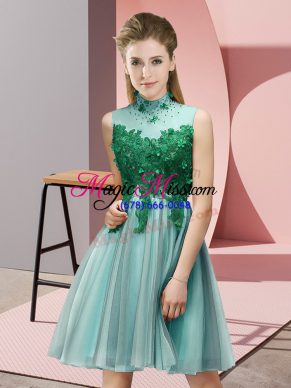 Light Blue Empire High-neck Sleeveless Tulle Knee Length Lace Up Appliques Dama Dress for Quinceanera