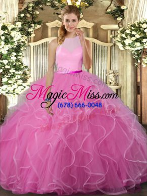 Chic Rose Pink Tulle Backless 15 Quinceanera Dress Sleeveless Floor Length Beading and Ruffles