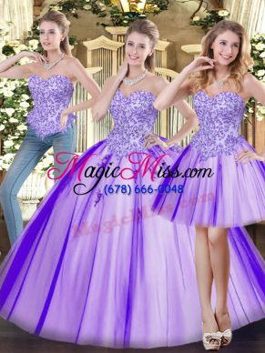 Fantastic Lavender Tulle Lace Up Sweetheart Sleeveless Floor Length Quinceanera Gown Beading