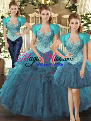 Straps Sleeveless Lace Up Ball Gown Prom Dress Teal Tulle