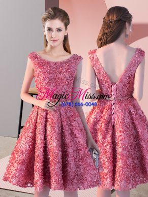 Knee Length Coral Red Prom Dresses Lace Sleeveless Belt