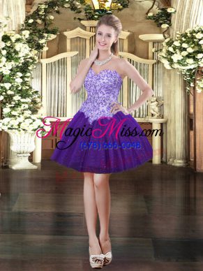 Fashion Purple Lace Up Evening Dress Appliques Sleeveless Mini Length
