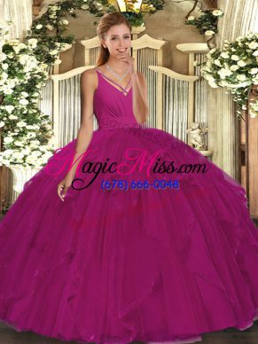 Tulle V-neck Sleeveless Backless Beading and Ruffles Quince Ball Gowns in Fuchsia