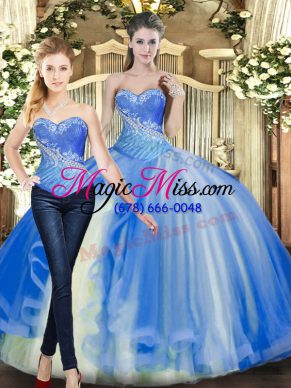 Adorable Sleeveless Floor Length Beading Lace Up Sweet 16 Dress with Baby Blue