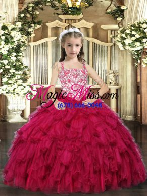 Sleeveless Floor Length Beading and Ruffled Layers Lace Up Pageant Dress Womens with Red