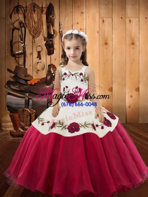 Affordable Red Straps Lace Up Embroidery Little Girl Pageant Gowns Sleeveless