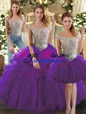 Artistic Purple Lace Up Bateau Beading and Ruffles Quince Ball Gowns Organza Sleeveless