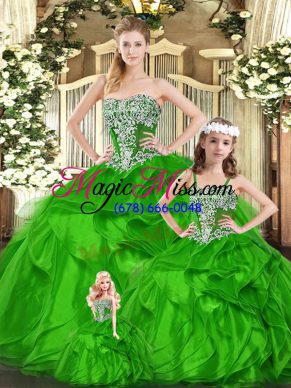 Sleeveless Floor Length Beading and Ruffles Lace Up Quince Ball Gowns with Green