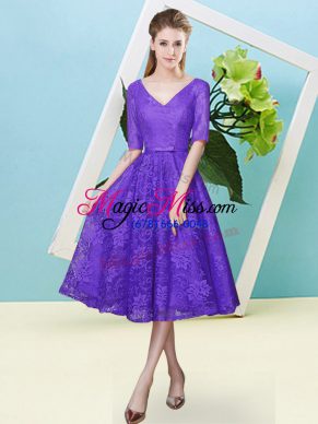 New Arrival Purple Empire Lace V-neck Half Sleeves Bowknot Tea Length Lace Up Damas Dress