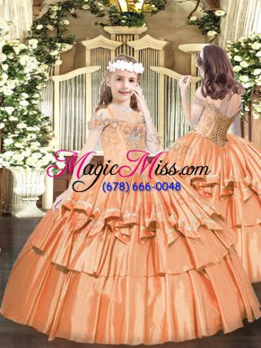 Exquisite Orange Organza Lace Up Evening Gowns Sleeveless Floor Length Beading and Ruffled Layers