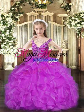 Purple V-neck Neckline Beading and Ruffles Winning Pageant Gowns Sleeveless Lace Up
