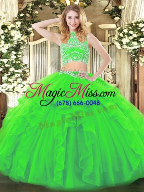 Sweet Tulle Backless High-neck Sleeveless Floor Length Quince Ball Gowns Beading and Ruffles